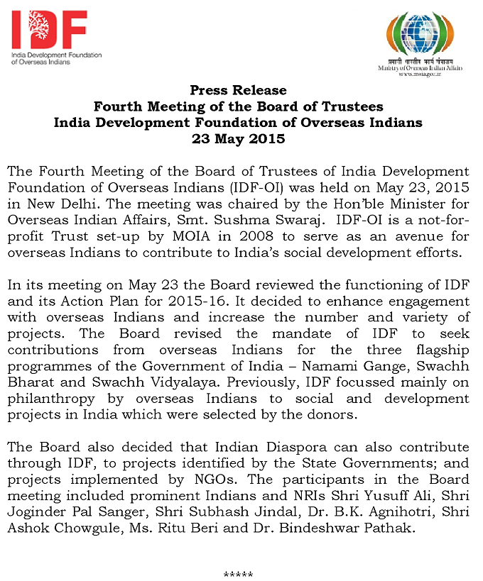 Development Foundation of Overseas Indians (IDF-OI) on May 23, 2015